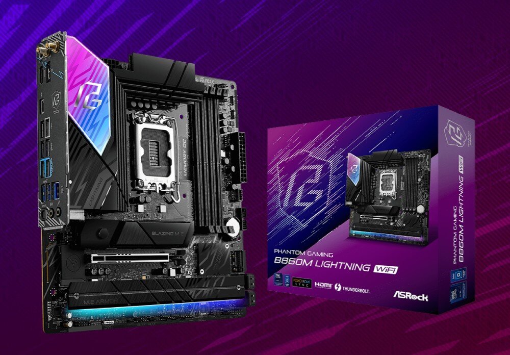 Płyta główna ASROCK B860M Phantom Gaming Lightning WiFi płyta główna zaprezentowana w pozycji pionowej obok fioletowego pudełka z logo serii gamingowej, wygląd, styl, obudowa