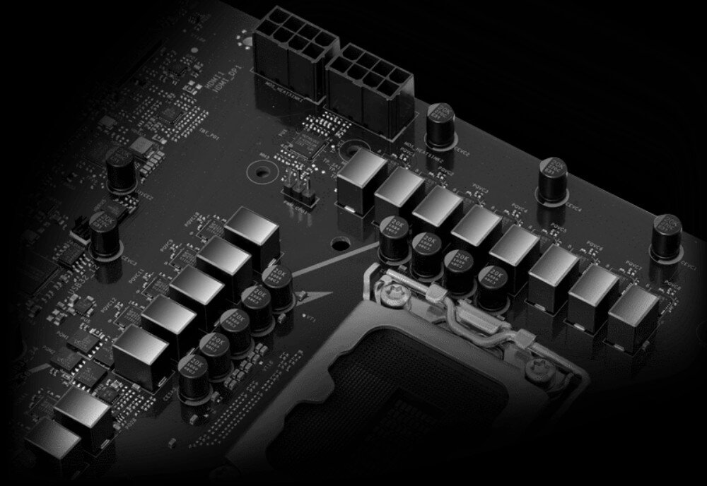 Płyta główna ASROCK B860M Phantom Gaming Lightning WiFi artystyczne zbliżenie na czarne kondensatory i dławiki sekcji zasilania umieszczone wokół gniazda procesora, układ zasilania, kompatybilność, gniazdo, konstrukcja