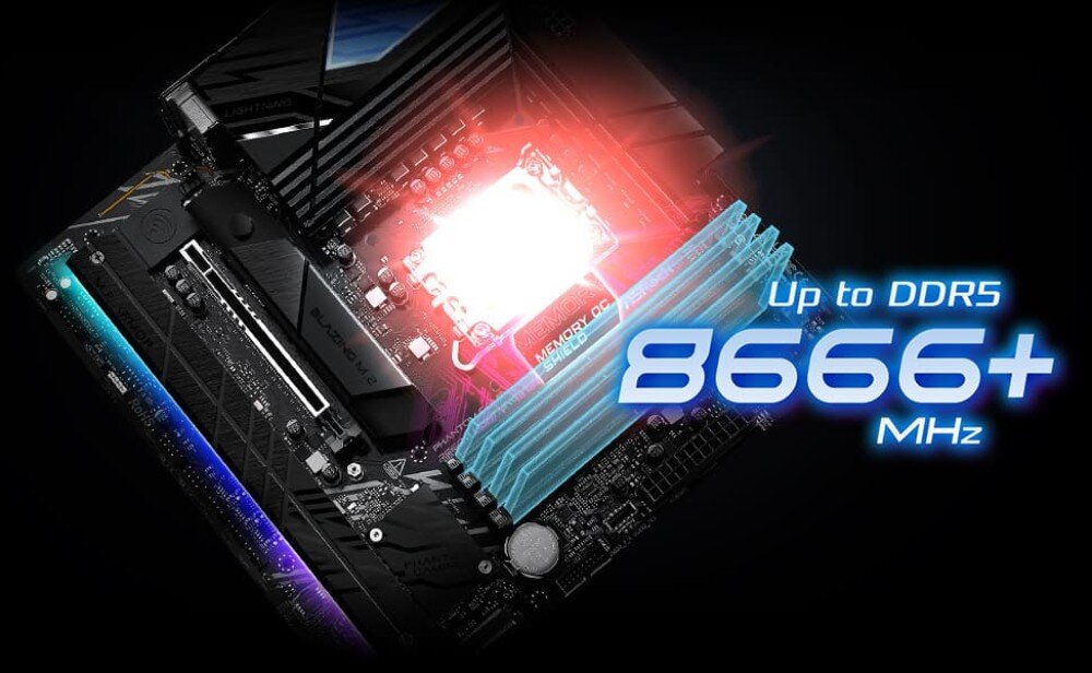 Płyta główna ASROCK B860M Phantom Gaming Lightning WiFi zbliżenie na sloty pamięci RAM z nałożonym niebieskim napisem informującym o obsłudze wysokich częstotliwości, pamięć DDR5, taktowanie, obsługa Intel XMP i AMD EXPO