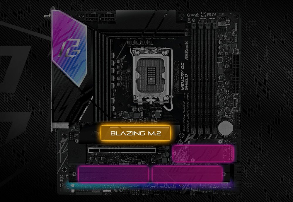 Płyta główna ASROCK B860M Phantom Gaming Lightning WiFi rzut z góry na płytę główną z kolorowymi oznaczeniami wskazującymi lokalizację złączy dla szybkich dysków SSD, złącza M.2, radiator, dyski SSD