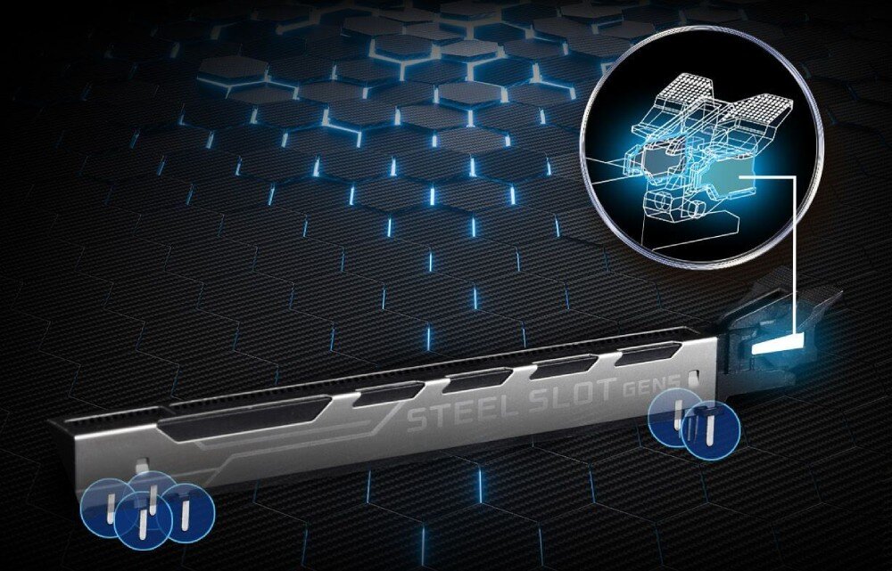 Płyta główna ASROCK B860M Phantom Gaming Lightning WiFi grafika przedstawiająca wzmocniony metalem slot PCIe oraz schemat techniczny jego mechanizmu zatrzaskowego, montaż, rozwiązania, wzmocniony slot PCIe 5.0