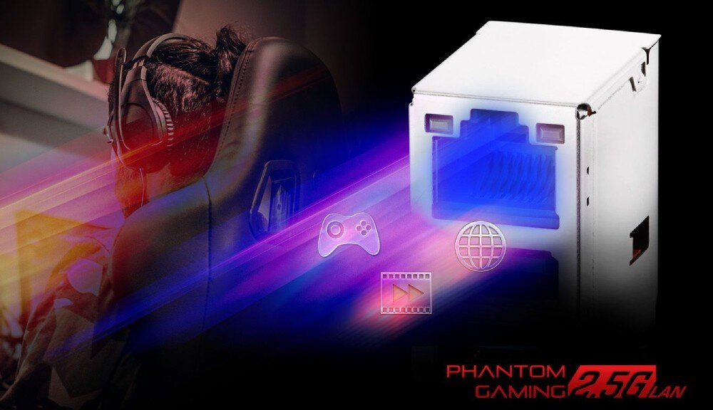 Płyta główna ASROCK B860M Phantom Gaming Lightning WiFi grafika marketingowa promująca szybką kartę sieciową z symbolem portu LAN i ikonami multimedialnymi, łączność, Wi-Fi 6E, port LAN, port Thunderbolt 4