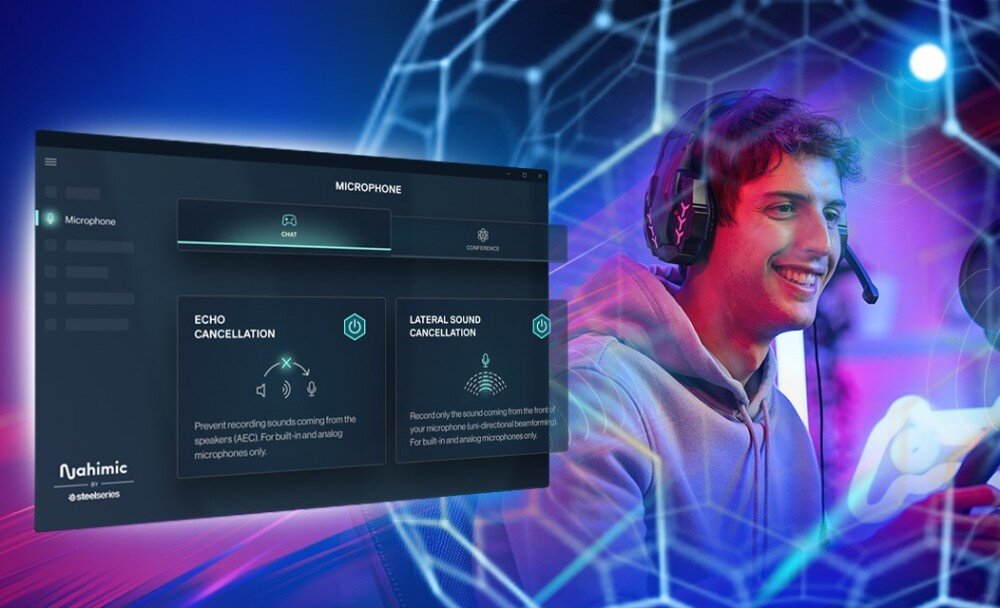 Płyta główna ASROCK B860M Phantom Gaming Lightning WiFi zrzut ekranu z oprogramowania audio z opcjami mikrofonu oraz zdjęcie uśmiechniętego gracza w słuchawkach, kodek Realtek, audio, dźwięk