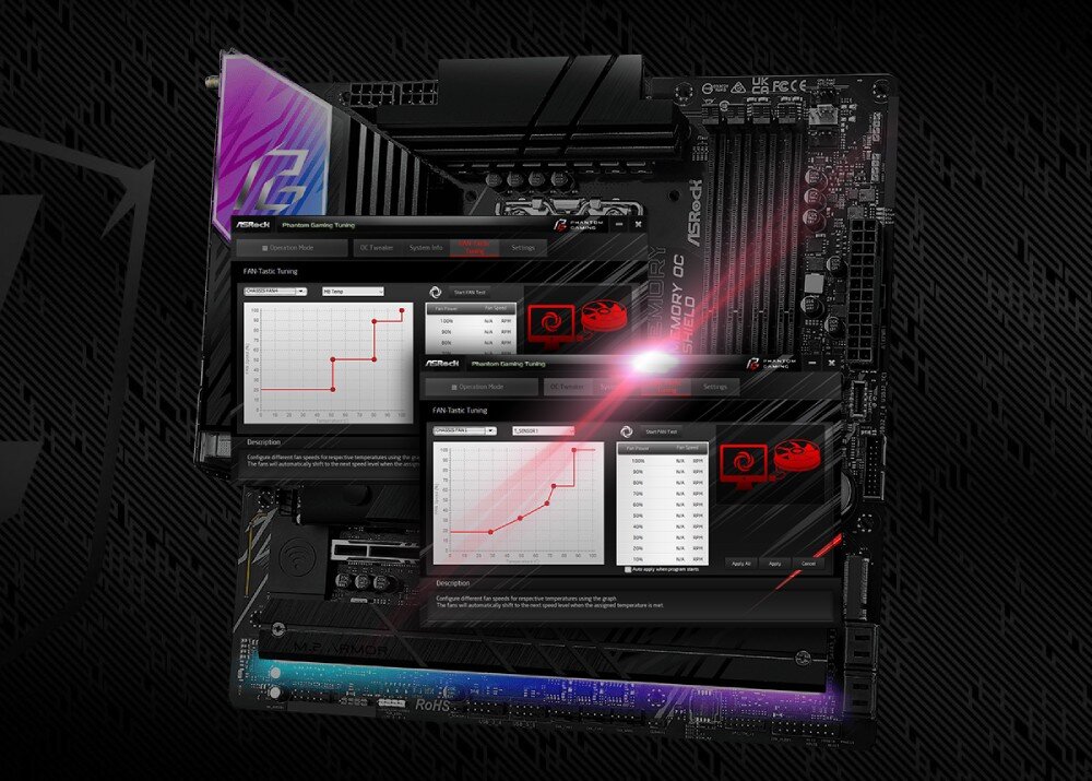 Płyta główna ASROCK B860M Phantom Gaming Lightning WiFi płyta główna z nałożonymi fioletowymi polami wskazującymi rozmieszczenie radiatorów chłodzących podzespoły, gniazda wentylatorów, oprogramowanie, narzędzia, podświetlenie