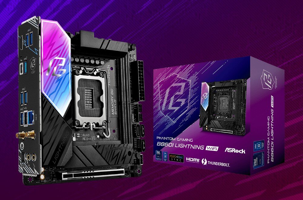 Płyta główna ASROCK B860I Lightning WiFi Opakowanie produktowe i płyta główna z panelem I/O, prezentujące kompletny zestaw sprzedażowy