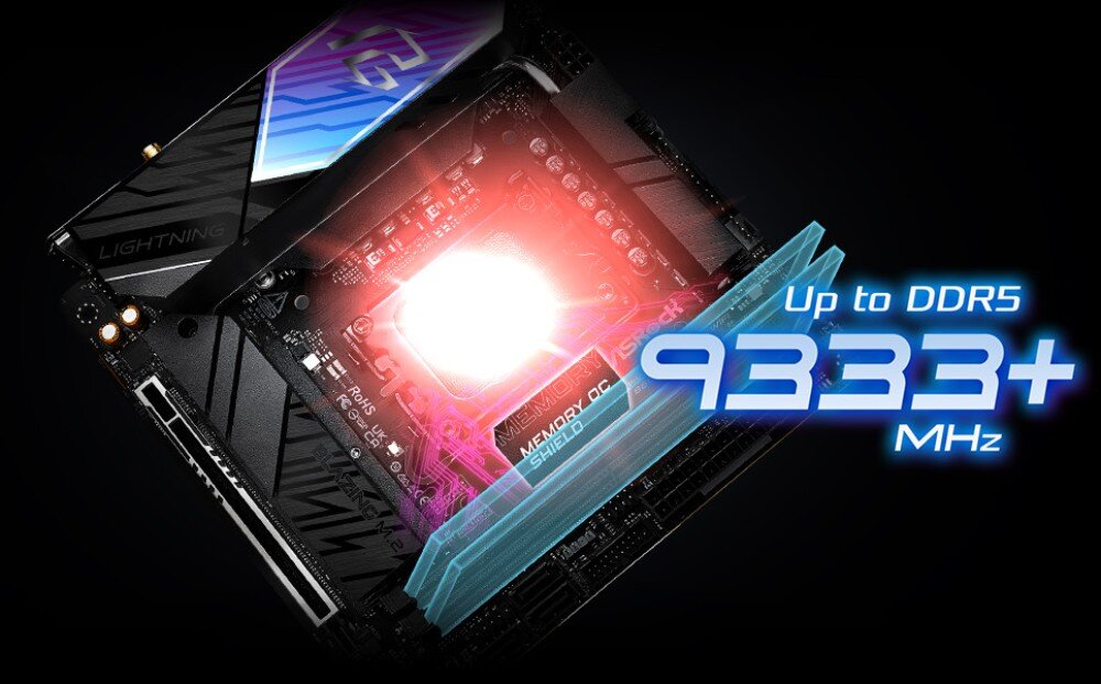 Płyta główna ASROCK B860I Lightning WiFi Płyta główna podświetlona na czerwono z widocznym gniazdem pamięci i napisem 'Up to DDR5 9333+ MHz'