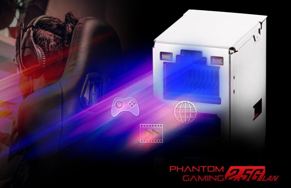 Płyta główna ASROCK B860I Lightning WiFi Wizualizacja białej obudowy komputera z niebieskim podświetleniem i ikonami kontrolera, globu oraz klatki filmowej z napisem 'PHANTOM GAMING 2.5G LAN'