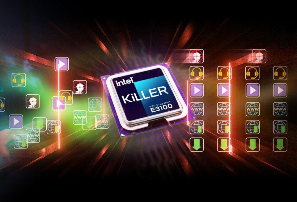 Płyta główna ASROCK B850 RIPTIDE WIFI Ilustracja przedstawiająca procesor z napisem 'Killer E3100' na tle kolorowych ikon symbolizujących różne rodzaje ruchu sieciowego, takie jak gry, wideo czy strony internetowe