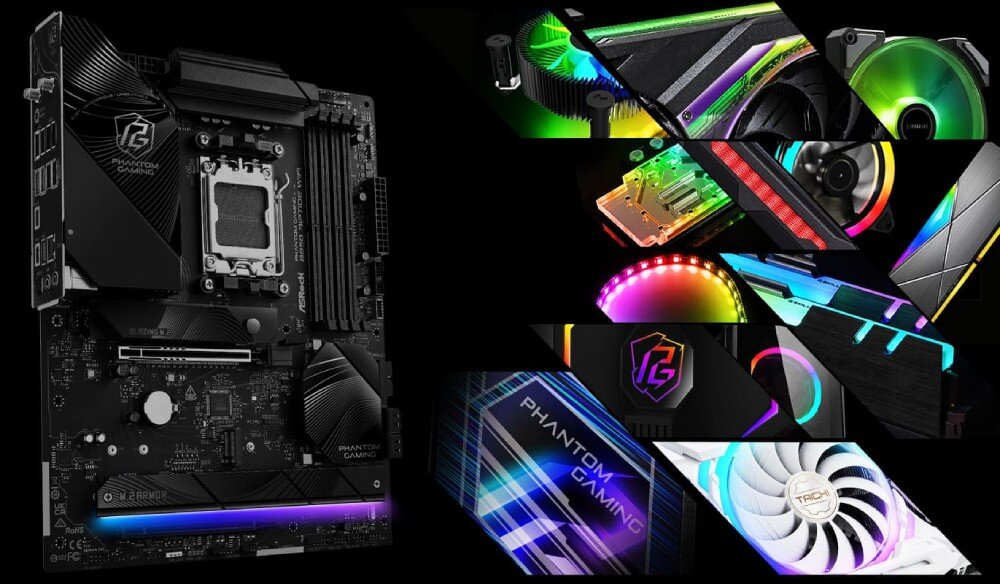 Płyta główna ASROCK B850 RIPTIDE WIFI Kompozycja przedstawiająca płytę główną po lewej stronie oraz mozaikę mniejszych zdjęć po prawej, prezentujących różne komponenty komputerowe z kolorowym podświetleniem RGB