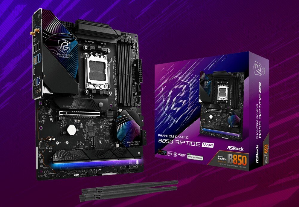 Płyta główna ASROCK B850 RIPTIDE WIFI Grafika prezentująca płytę główną obok jej oryginalnego, fioletowo-czarnego opakowania. Poniżej urządzeń leżą dwie czarne anteny Wi-Fi. Na pudełku widoczne jest duże logo serii oraz oznaczenie chipsetu B850
