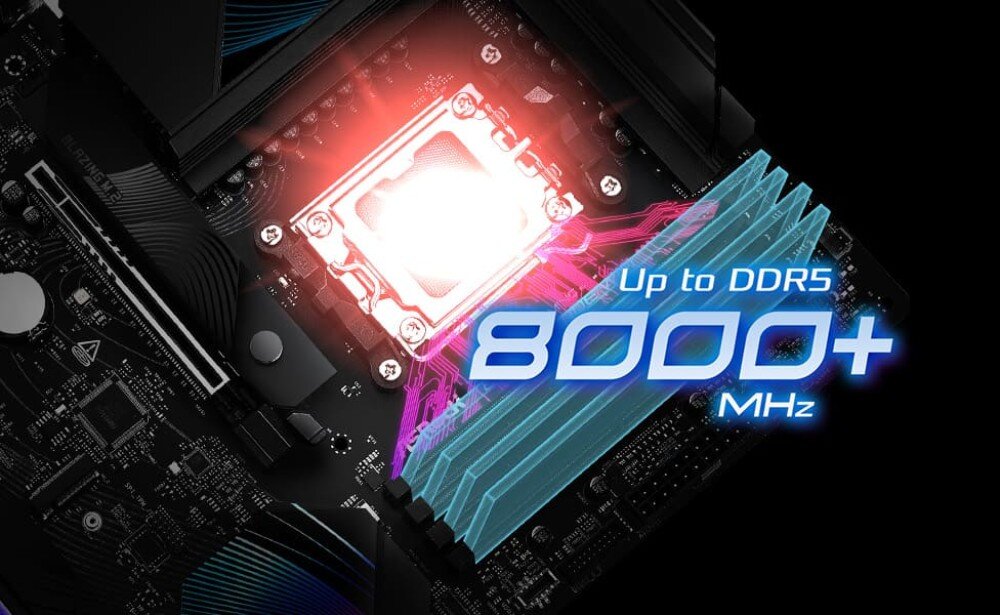 Płyta główna ASROCK B850 RIPTIDE WIFI Zbliżenie na gniazdo procesora i sloty pamięci RAM z naniesionym niebieskim napisem 'Up to DDR5 8000+ MHz'. Okolice procesora emitują czerwone światło, a sloty pamięci są podświetlone na jasnoniebiesko, co symbolizuje wysoką wydajność