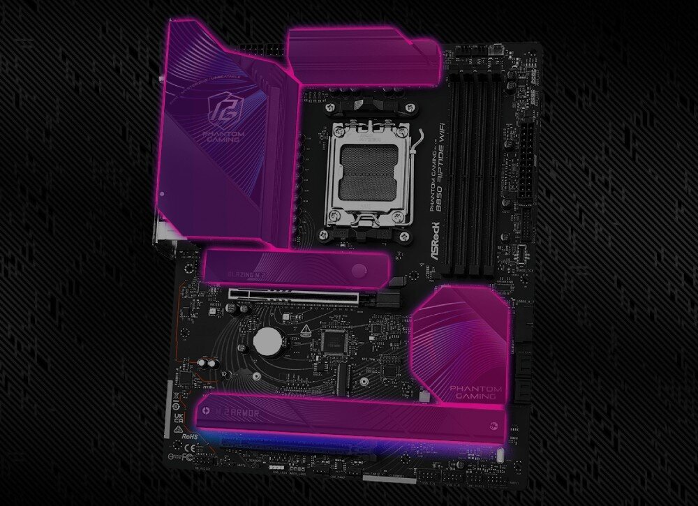 Płyta główna ASROCK B850 RIPTIDE WIFI Zdjęcie płyty głównej z nałożonymi różowymi maskami na kluczowe elementy chłodzące. Zaznaczono w ten sposób radiatory sekcji zasilania, dwa radiatory dysków M.2 oraz radiator chipsetu, co podkreśla rozbudowany system odprowadzania ciepła