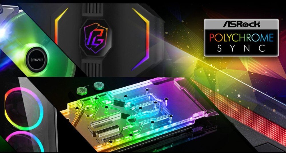 Płyta główna ASROCK B860I WiFi Kolaż zdjęć różnych podzespołów komputerowych z kolorowym podświetleniem RGB oraz logo 'POLYCHROME SYNC'