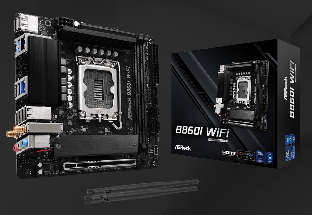 Płyta główna ASROCK B860I WiFi Płyta główna zaprezentowana pod kątem obok czarnego opakowania produktowego oraz dwóch dołączonych anten do komunikacji bezprzewodowej