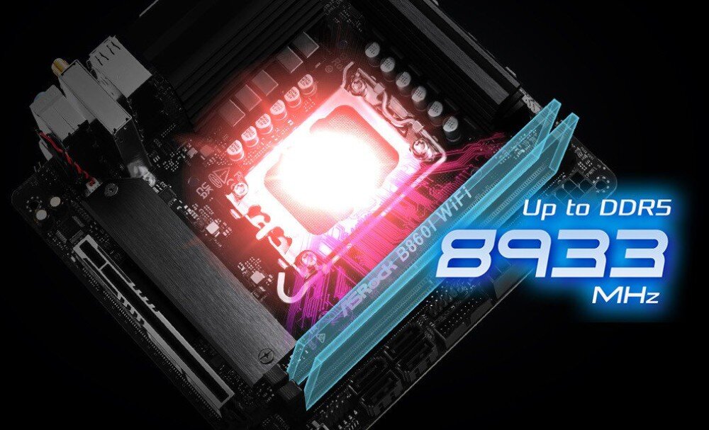Płyta główna ASROCK B860I WiFi Detal gniazd pamięci z naniesioną niebieską grafiką i napisem informującym o obsłudze standardu DDR5 oraz prędkości 8933 MHz