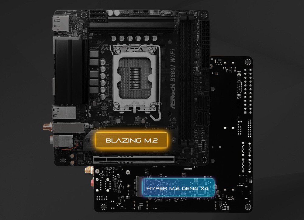 Płyta główna ASROCK B860I WiFi Porównanie przedniej i tylnej strony laminatu z zaznaczonymi gniazdami na dyski SSD opisanymi jako 'Blazing M.2' oraz 'Hyper M.2 Gen4 x4'