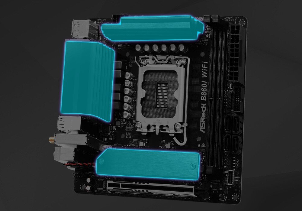 Płyta główna ASROCK B860I WiFi Urządzenie z podświetlonymi na turkusowo trzema głównymi radiatorami zamontowanymi na sekcji zasilania oraz gnieździe dysku