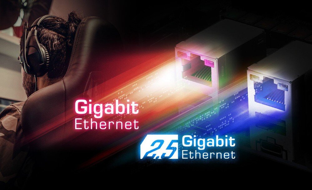 Płyta główna ASROCK B860I WiFi Ilustracja dwóch portów sieciowych LAN z kolorowym podświetleniem symbolizującym różnicę w prędkości przesyłu danych między łączem Gigabit a 2.5 Gigabit