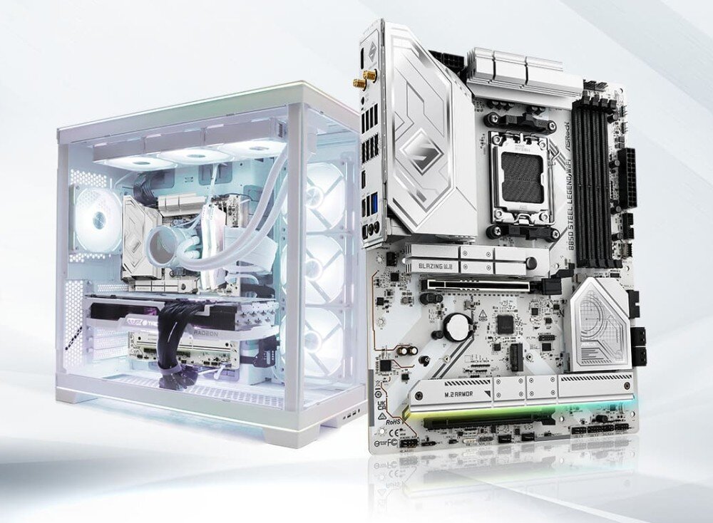 Płyta główna ASROCK B850 Steel Legend WiFi Biała obudowa komputerowa z przeszklonym bokiem i podświetleniem stojąca obok pionowo ustawionej płyty głównej, cechy, styl, wygląd, procesory