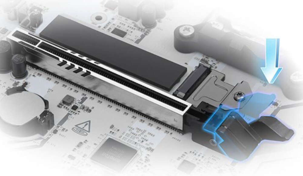 Płyta główna ASROCK B850 Steel Legend WiFi Zbliżenie na slot karty rozszerzeń z zaznaczonym niebieską strzałką mechanizmem zatrzaskowym, montaż, zatrzask karty graficznej, beznarzędziowy montaż