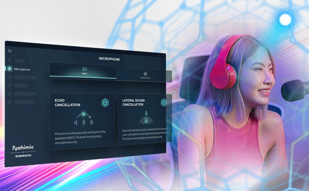 Płyta główna ASROCK B850 Steel Legend WiFi Interfejs oprogramowania do zarządzania dźwiękiem i mikrofonem obok zdjęcia kobiety w różowych słuchawkach, dźwięk, audio, funkcje