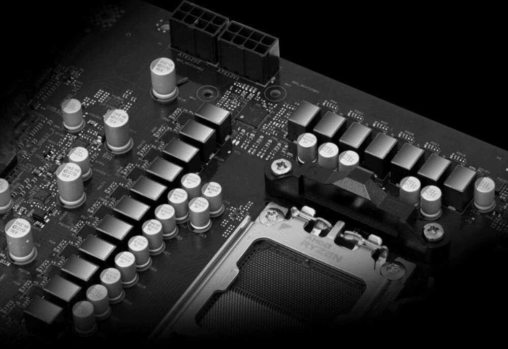 Płyta główna ASROCK B850 Pro RS WiFi Zbliżenie sekcji zasilania z szeregiem kondensatorów i cewek umieszczonych obok gniazda procesora, kompatybilność, gniazdo, układ zasilania