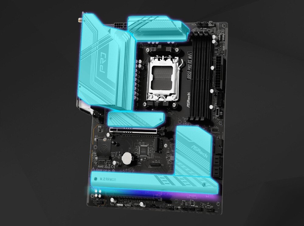 Płyta główna ASROCK B850 Pro RS WiFi Widok płyty głównej z zaznaczonymi na niebiesko strefami chłodzenia aluminiowych radiatorów, chłodzenie, radiatory, wentylatory, aplikacja