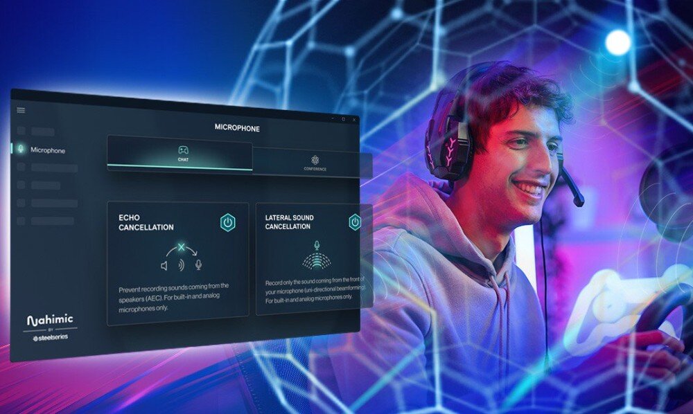 Płyta główna ASROCK B850 Pro RS WiFi Osoba w słuchawkach grająca na komputerze, obok interfejs oprogramowania dźwiękowego z funkcjami redukcji echa i bocznego dźwięku, dźwięk, układ audio, funkcje