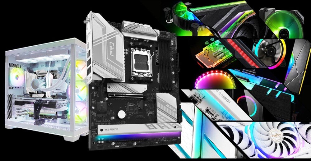 Płyta główna ASROCK B850 Pro RS WiFi Płyta główna umieszczona obok podzespołów komputera z oświetleniem RGB, w tym wentylatorów i kart graficznych, podświetlenie, synchronizacja RGB