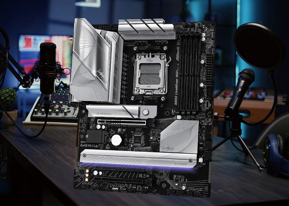 Płyta główna ASROCK B850 LiveMixer WiFi Płyta główna w kolorze czarno-srebrnym przedstawiona na tle studia nagraniowego z mikrofonami i konsolą dźwiękową, opis