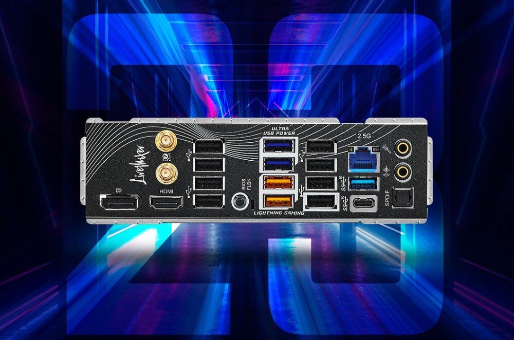 Płyta główna ASROCK B850 LiveMixer WiFi Tylny panel wejść i wyjść płyty głównej z licznymi portami USB, gniazdami sieciowymi, audio oraz złączami HDMI i DisplayPort, przeznaczenie, zalety, cechy