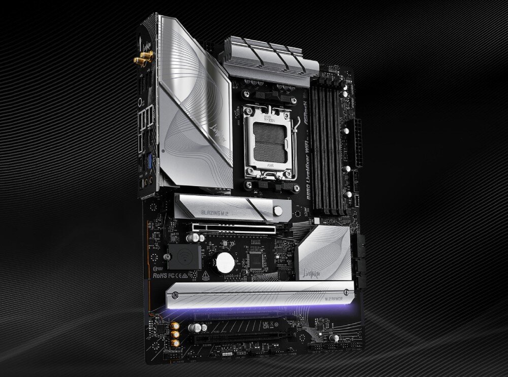 Płyta główna ASROCK B850 LiveMixer WiFi Zbliżenie na całą płytę główną w ciemnej aranżacji z widocznymi radiatorami i slotami na pamięć RAM, kompatybilność, procesory, slot PCIe 5.0