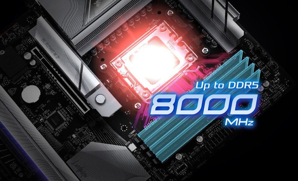 Płyta główna ASROCK B850 LiveMixer WiFi Podświetlony fragment płyty z napisem 'Up to DDR5 8000 MHz' wskazujący obsługę szybkiej pamięci RAM, pamięć DDR5, profile XMP i EXPO, taktowanie