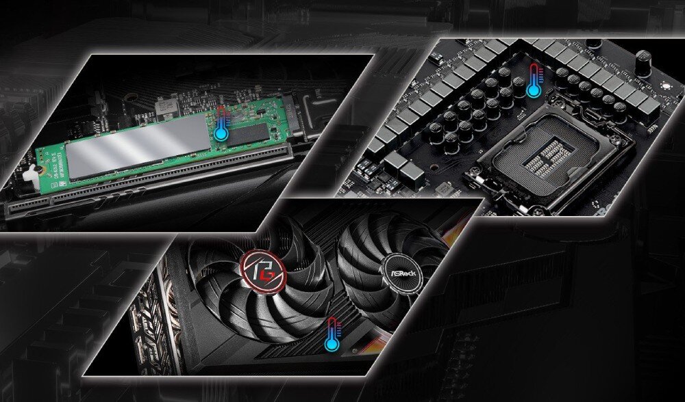 Płyta główna ASROCK B850 LiveMixer WiFi Trzy ujęcia chłodzonych elementów: modułu pamięci M.2, sekcji zasilania i karty graficznej z zaznaczonymi ikonami temperatury, chłodzenie, radiatory, złącza wentylatorów, kontrola, czujniki