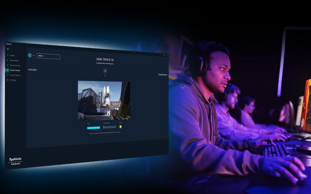 Płyta główna ASROCK B850 LiveMixer WiFi Grupa graczy przy komputerach, na pierwszym planie mężczyzna w słuchawkach z widocznym interfejsem oprogramowania do dźwięku, układ dźwiękowy, audio, funkcje