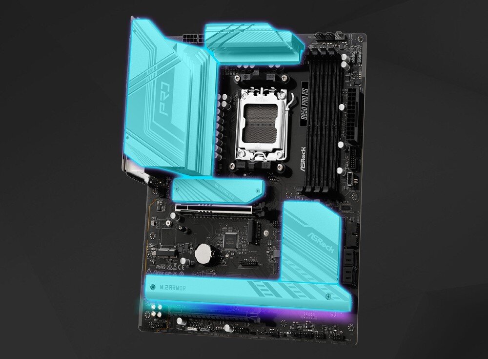 Płyta główna ASROCK B850 Pro RS Widok płyty głównej z zaznaczonymi na niebiesko strefami chłodzenia aluminiowych radiatorów, chłodzenie, radiatory, wentylatory, aplikacja