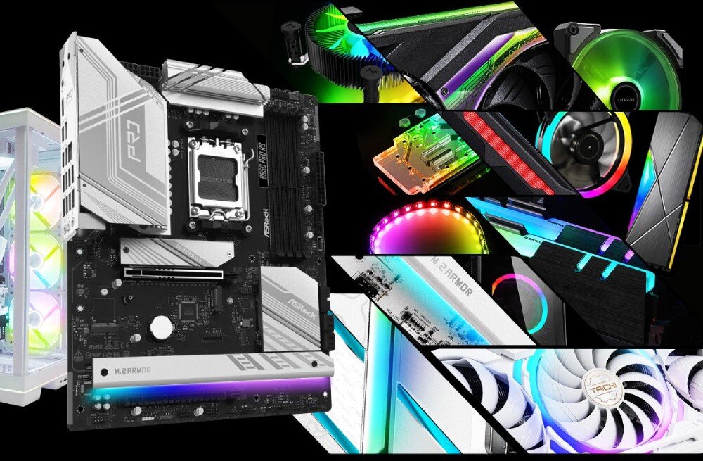 Płyta główna ASROCK B850 Pro RS Płyta główna umieszczona obok podzespołów komputera z oświetleniem RGB, w tym wentylatorów i kart graficznych, podświetlenie, synchronizacja RGB