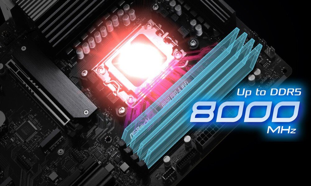 Płyta główna ASROCK B850 Pro-A WiFi Płyta główna z podświetlonym na czerwono obszarem gniazda procesora i półprzezroczystymi niebieskimi modułami pamięci z napisem 'Up to DDR5 8000 MHz', pamięć DDR5, taktowanie, profile XMP i EXPO