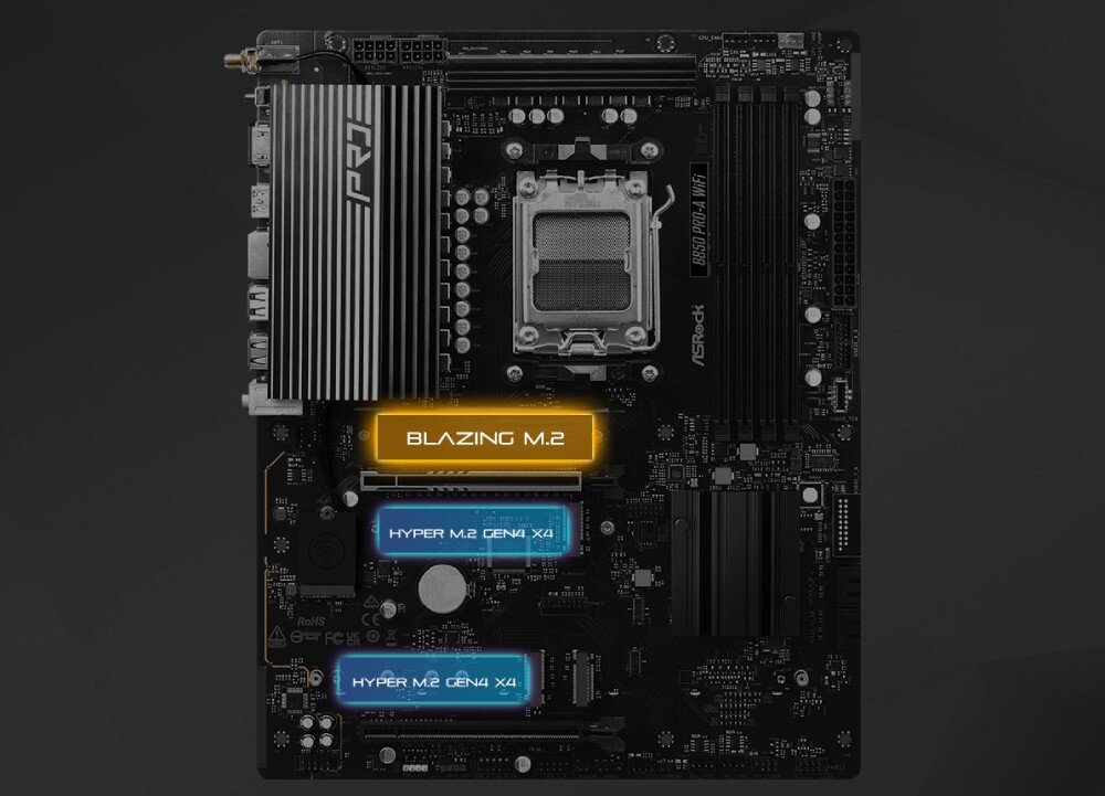 Płyta główna ASROCK B850 Pro-A WiFi Widok z góry na płytę z wyróżnionym na żółto złączem 'Blazing M.2' i dwoma niebieskimi złączami 'Hyper M.2 Gen4 x4' poniżej, złącza M.2, prędkość