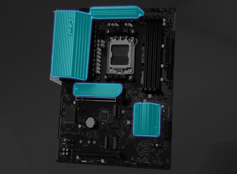 Płyta główna ASROCK B850 Pro-A WiFi Płyta główna z zaznaczonymi na niebiesko trzema większymi radiatorami w górnej, środkowej i dolnej części, chłodzenie, radiatory, kontrola wentylatorów