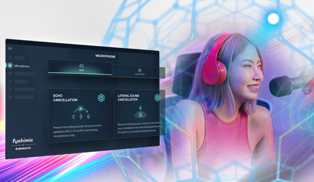 Płyta główna ASROCK B850M Steel Legend WiFi Interfejs oprogramowania Nahimic Audio obok kobiety w różowych słuchawkach korzystającej z mikrofonu