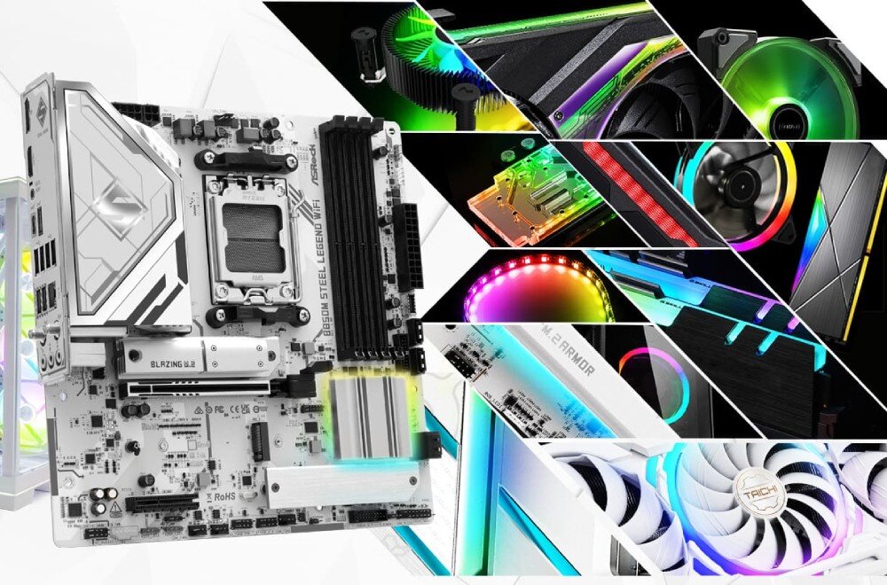 Płyta główna ASROCK B850M Steel Legend WiFi Płyta główna widoczna z przodu na tle kolażu zbliżeń na podświetlenie RGB, wentylatory i inne detale konstrukcyjne