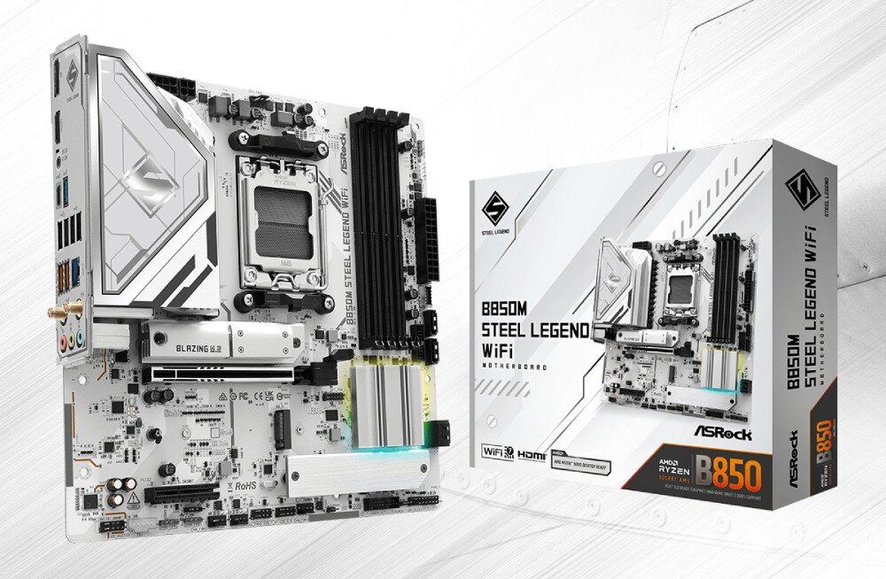 Płyta główna ASROCK B850M Steel Legend WiFi Płyta główna stojąca pionowo obok pudełka detalicznego z biało-szarą grafiką i logotypami