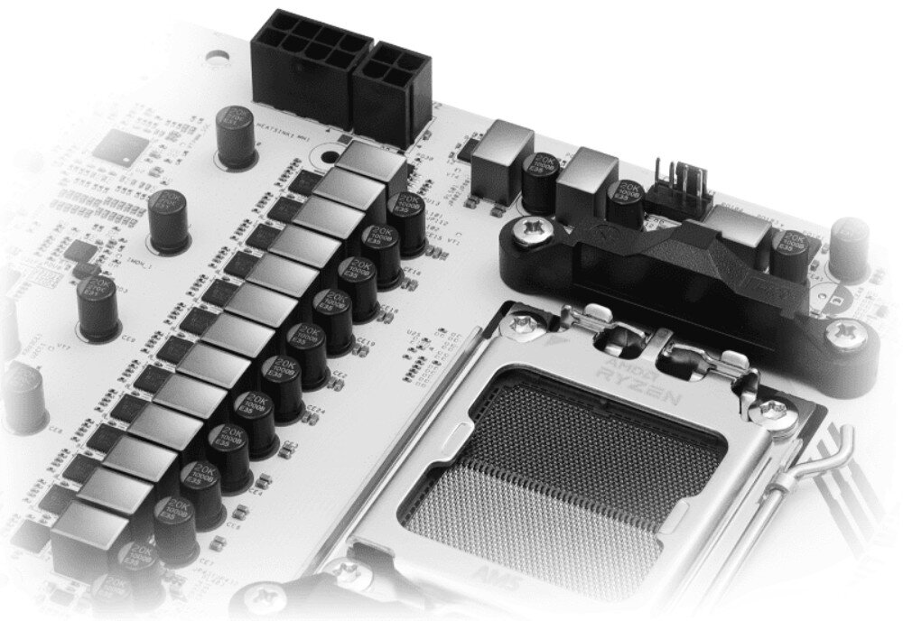 Płyta główna ASROCK B850M Steel Legend WiFi Zbliżenie na gniazdo procesora AM5 otoczone kondensatorami i dławikami sekcji zasilania w odcieniach szarości