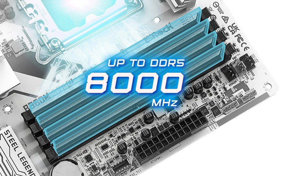 Płyta główna ASROCK B850M Steel Legend WiFi Zbliżenie na cztery sloty pamięci RAM z niebieską grafiką i napisem 'UP TO DDR5 8000 MHz'