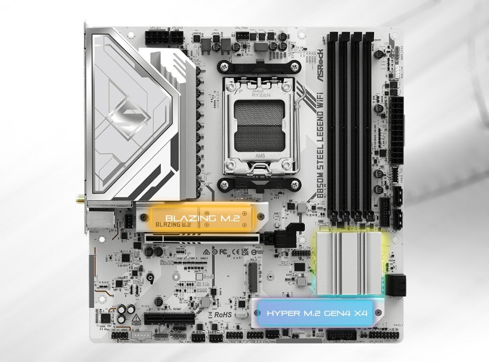 Płyta główna ASROCK B850M Steel Legend WiFi Płyta główna z wyróżnionymi kolorami radiatorami dla dysków oznaczonych jako Blazing M.2 i Hyper M.2 Gen4