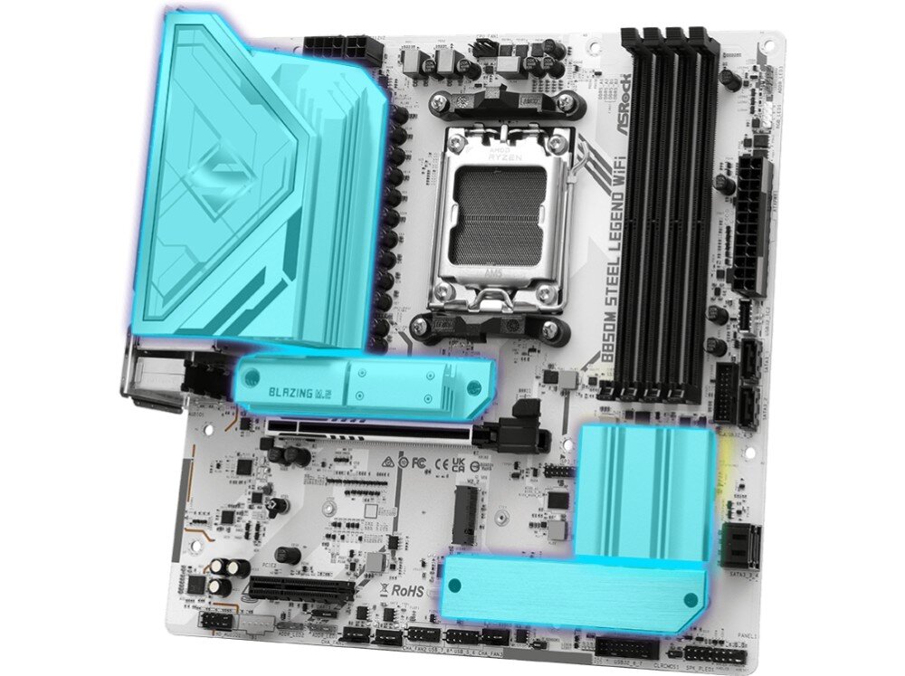 Płyta główna ASROCK B850M Steel Legend WiFi Płyta główna z podświetlonymi na turkusowo radiatorami sekcji zasilania oraz osłonami dysków M.2