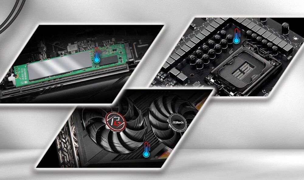 Płyta główna ASROCK B850M Steel Legend WiFi Trzy ujęcia detali płyty głównej pokazujące chłodzenie dysku, sekcji zasilania i wentylatory z ikonami termometrów