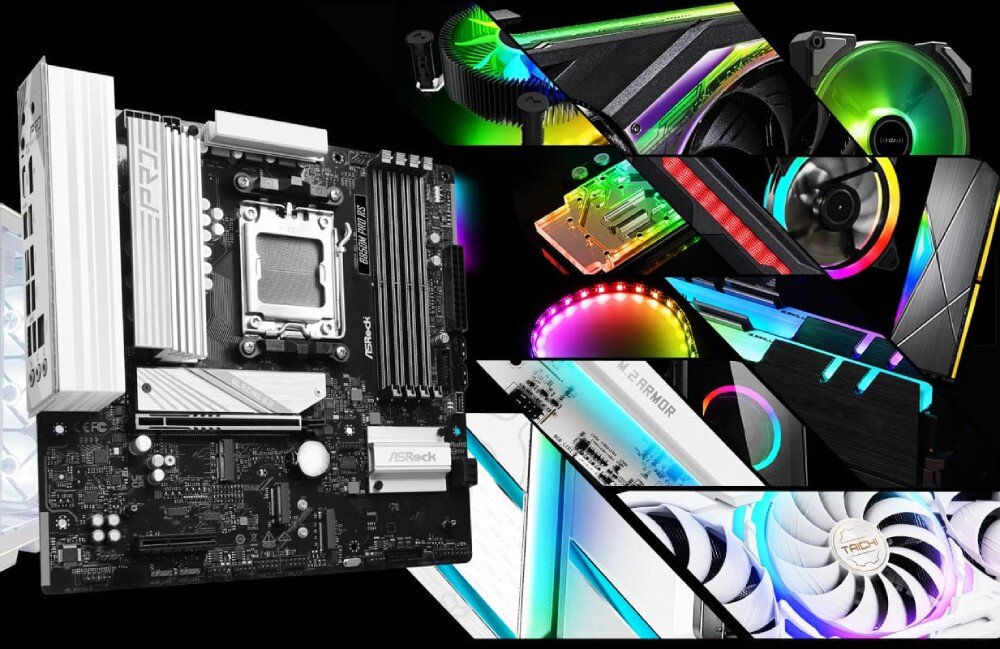 Płyta główna ASROCK B850M Pro RS Zdjęcie przedstawia płytę główną komputera w formacie micro-ATX z czarnym laminatem i srebrnymi radiatorami, a obok znajduje się kolaż różnych podzespołów komputerowych z kolorowym podświetleniem RGB, takich jak wentylatory, pamięci RAM oraz elementy chłodzenia wodnego