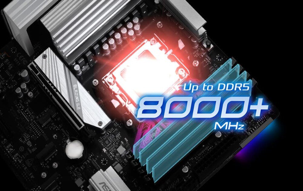 Płyta główna ASROCK B850M Pro RS Fragment płyty głównej z podświetlonymi gniazdami pamięci RAM i napisem 'Up to DDR5 8000+ MHz'